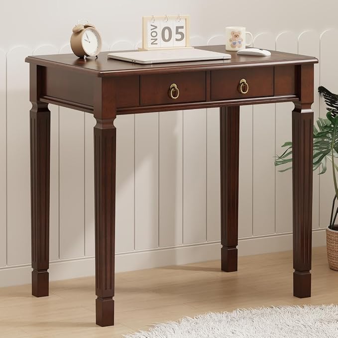 LEEMTORIG Traditional Solid Wood Writing Desk, Small Secretary Desk with 2 Drawers, Mahogany Desk Cherry Wood Writing Table for Home Office, 31.5" W French Provincial Desk, Cherry Walnut SSZ-D1258