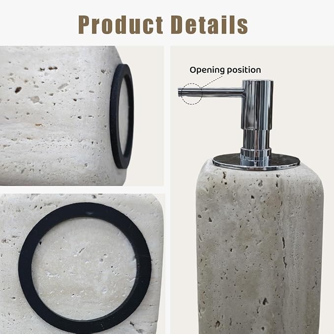 Travertine Soap Dispenser Bathroom Accessories, Natural Organic Premium Square Stone Lotion Dispenser with Metal Pump, Elegant Kitchen Hand Lotion Jar Soap Pump for Laundry Room Home Decor (Natural)