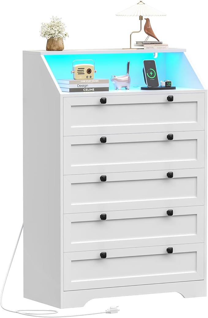 White Dresser Tall 5 Drawer Dresser for Bedroom, Wood Chest of Drawers with LED Lights, Charging Station, Metal Handles, Modern Storage Cabinet and Organizer Drawers for Living Room, Hallway