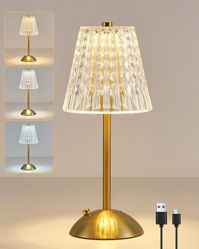 SHREWSBURY & CO Rechargeable Table Lamp Brass, LED Small Desk Lamp Battery Operated, Dimmable & 3 Colors Bedside Reading Light, Cordless Touch Lamps for Nightstand Bedroom Living Room Bar Restaurant