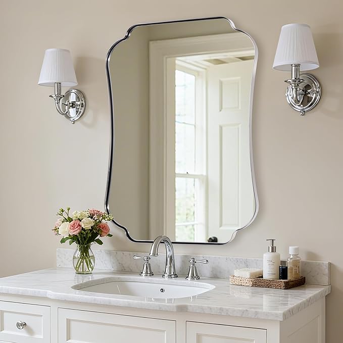 ANDY STAR Chrome Bathroom Mirror 24x36 Inches, Modern Scalloped Wall Mirror with Distinctive Notched Edge Stainless Steel Frame for Hallway, Lounge and Vanity Area