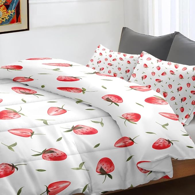Comforter Set with Pillowcase Twin Size, Cute Red Strawberry Fruit, Bed Decor Pink Strawberries Party Girly for Kids and Adults, Soft Cozy Bedroom Bedding Set