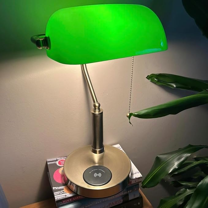 FIRVRE Glass Bankers Desk Lamp with USB Wireless Charging Port, LED Desk Lamp with Classic Retro Pull Chain Switch, Green Glass Lampshade with Brass Finish for Home Office Bedside Study Library