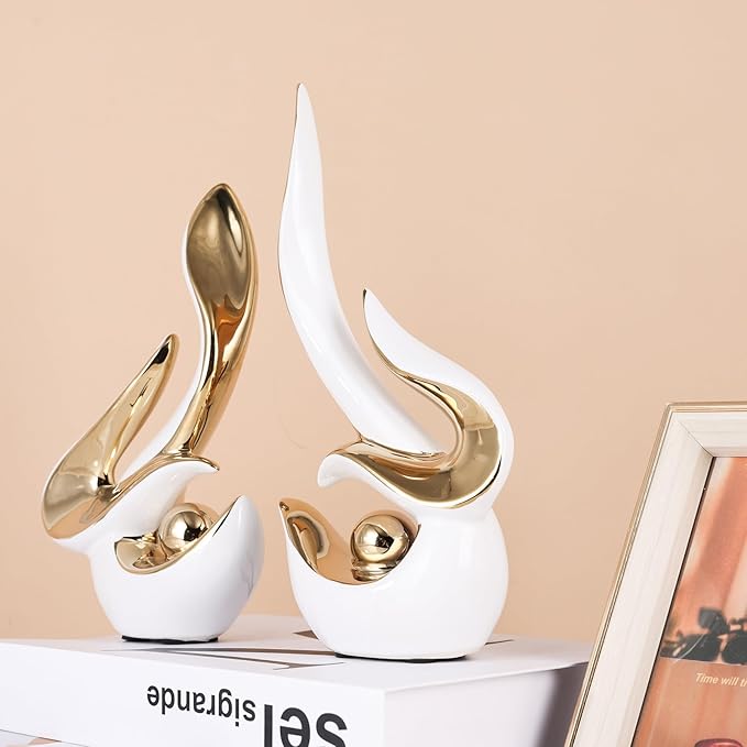 Mid Century Modern Abstract Art Home Decor Accent,Porcelain Statues for Living Room Coffee Table Centerpieces for Dining Room,Ceramic Sculptures and Gold Knick Knacks for TV Stand Decor (White Gold)
