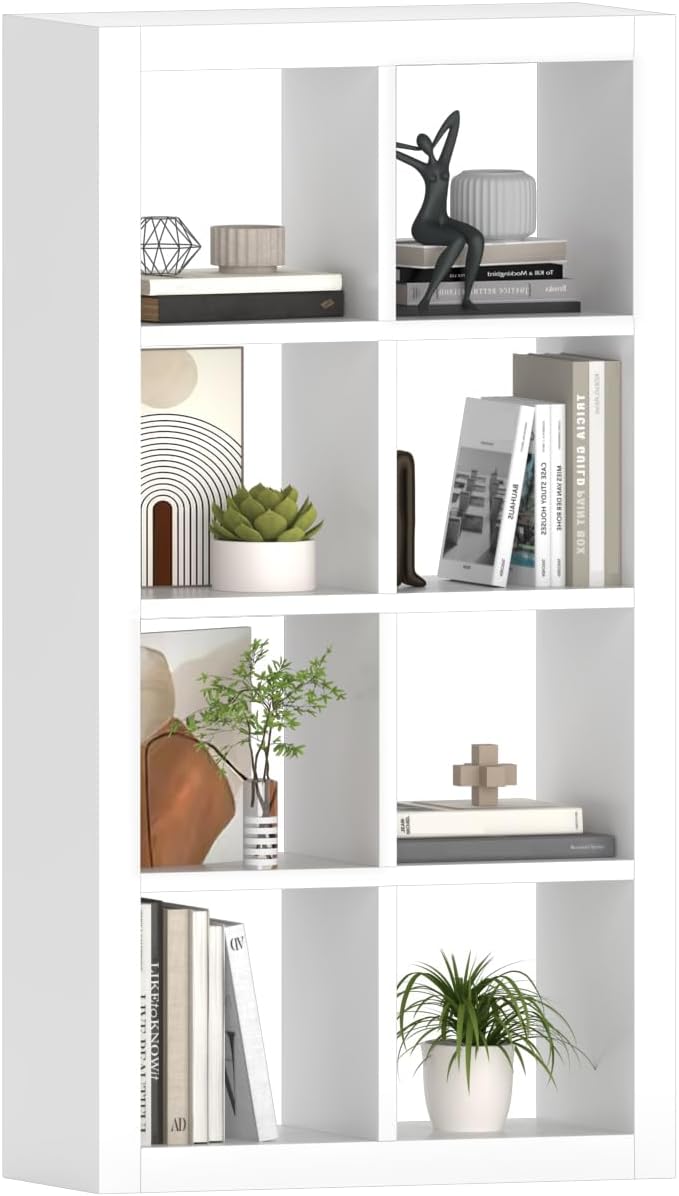 furtble Bookshelf 8-Cube Storage Organizer, Modern Wood Open Bookcase, Multifunctional Display Shelf for Living Room, Bedroom, Home Office, White