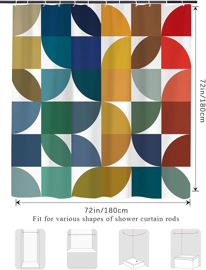 Colorful Mid Century Modern Shower Curtain, Boho Abstract Geometric Retro Art Shower Curtains for Bathroom, Rainbow Unique Cute Pattern Polyester Fabric Bathroom Set 12 Hooks 72X84IN