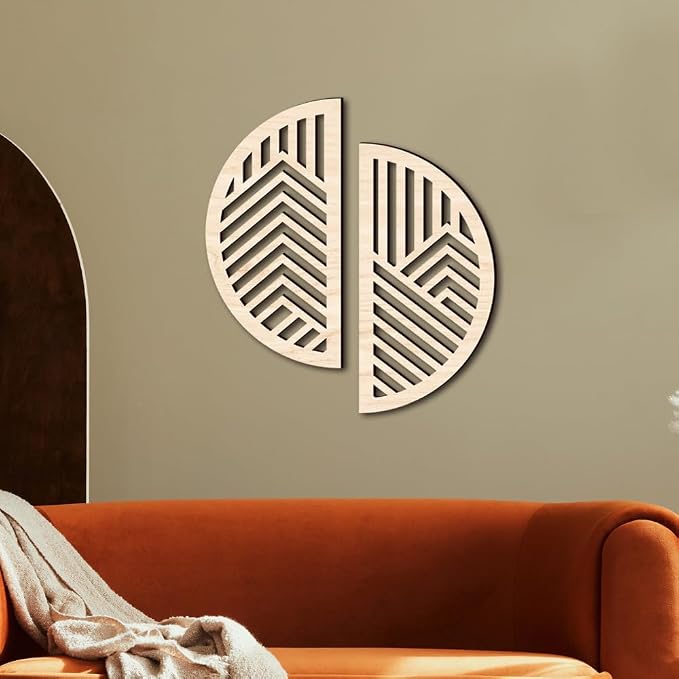 Hollow Round Wood Art Wall Decor, Modern Vintage Wooden Round Wall Sculptures, Half Round Wall Decor Hanging Abstract Panel 3D Geometric Wood Wall Art Decor for Home Office Living Room Bedroom (Beige)