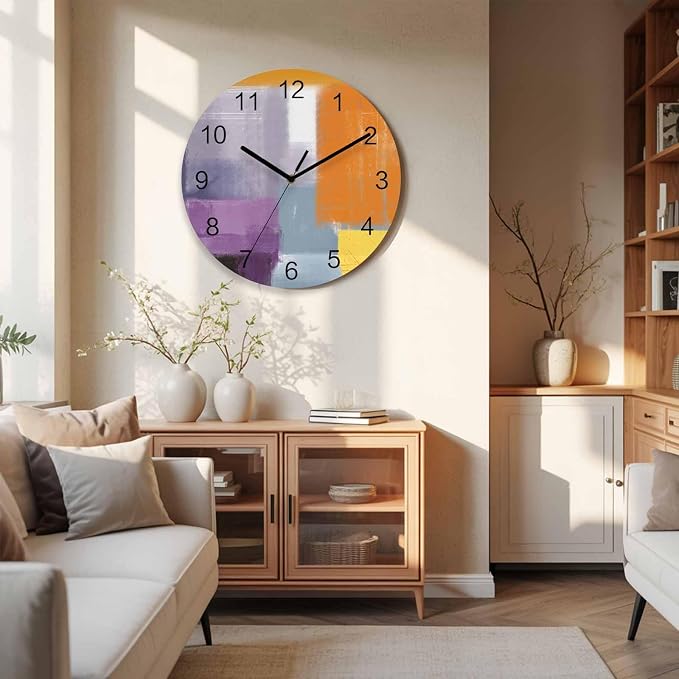 Abstract Painting Art Style Purple Orange Grey Yellow Wall Clock Battery Operated Non-Ticking 10" Round Wood Clocks, Kitchen Wall Clock for School Bathroom Living Room Home Office Wall Decor