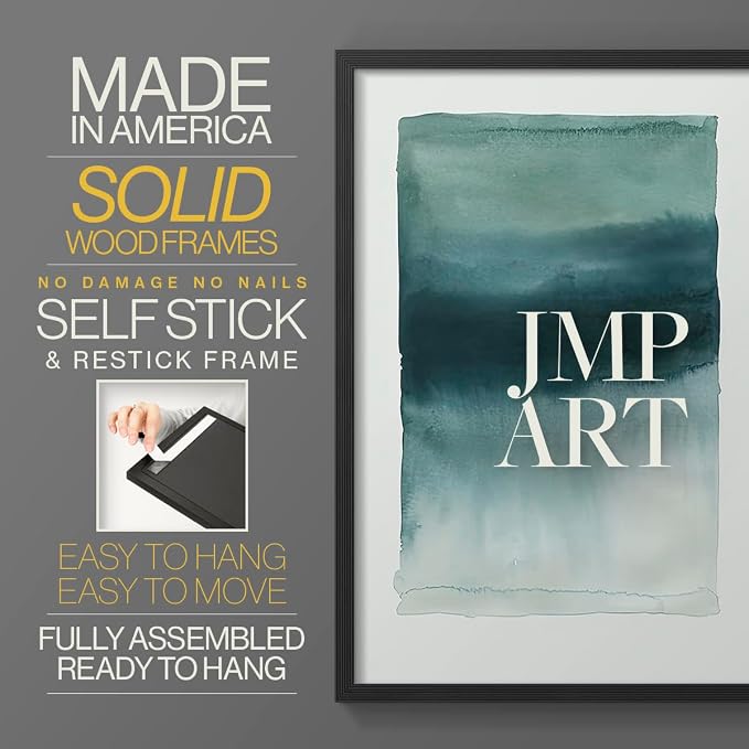 Renditions Gallery Set of 2 Peel & Stick Framed Prints, Tie Dye Abstract Wall Art, Sage Green Watercolor Horizon Wall Decor, Re-Stickable - Ready to Hang - 22"x28" - Black Frame LT588