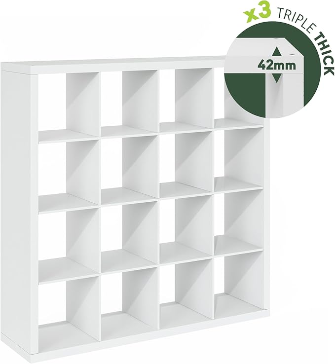 Furinno Cubicle Book Shelf, 16-Cube Bookshelf, Triple Thick Frame Cube Storage Organizer, 1.65" Bookcase, 15.4" x 57.4" x 56.9", for Home Office, Living Room, Plain White