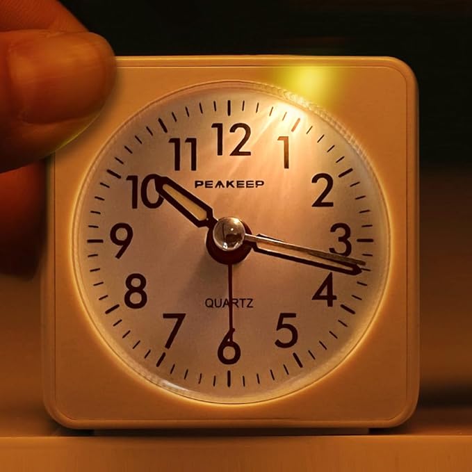 Peakeep Ultra Small, Battery Travel Alarm Clock with Snooze and Light, Silent with No Ticking Analog Quartz (White)