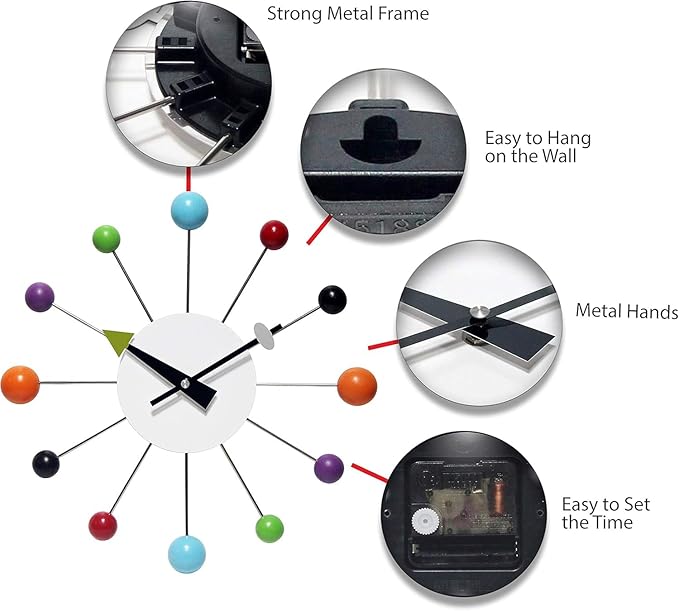 Infinity Instruments Orb Spoke Midcentury Modern 15 inch Retro Starburst Ball Wall Clock Quiet Quartz Movement Mid Century Decorative, Multi, Multicolor