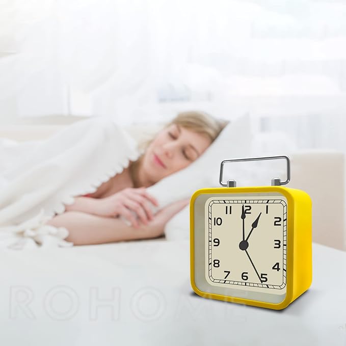 Rohome Small Alarm Clock, Retro Silent Quartz Movement with Night Light, Decorative Vintage Non Ticking Clock for Living Room, Office, Desk, Bedroom, Bedside, Hotel, Shelf, Nightstand (Yellow)