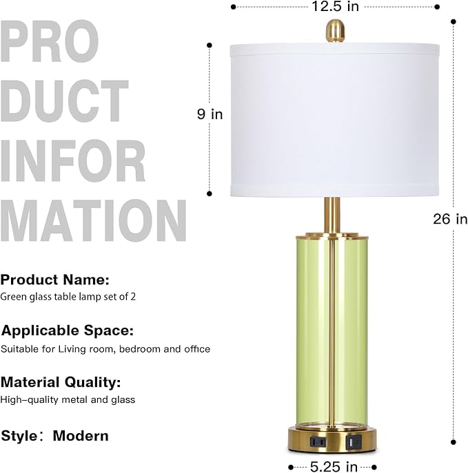 Ruzectt 26" Green Glass Table Lamps for Bedside, Modern Living Room Lamps Set of 2, Elegant Coastal Bedroom Lamp with USB A+C Ports & AC Outlet, 3-Way Dimmable Touch Lamp for Nightstand Dining Table