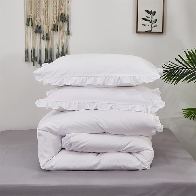 Pureant White Ruffle Comforter Set King Boho White Lace Bedding Comforter Vintage Farmhouse Comforter Women Girls Solid White Shabby Chic Bed Quilts Plain White Lightweight Fluffy Ruffled Fringe Bed