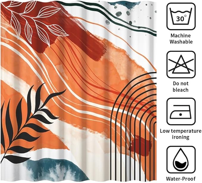 Mid Century Boho Shower Curtain for Bathroom Modern Abstract Aesthetic Bathroom Decor Set Abstract Geometric Leaf Bathtub Curtains Machine Washable Waterproof Polyester Fabric with Hooks 65x72 Inch