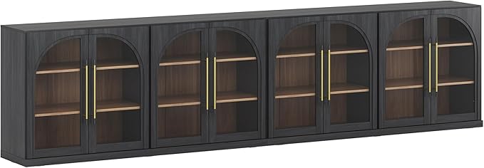 BELLEZE Set of 2 65" Arched Sideboard with Glass Door, Accent Buffet Cabinet with Storage and Adjustable Shelves, Classic Modern Large Console Table for Dining Room Living Room Entryway (Ebony)