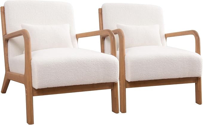 ANJ Mid Century Modern Accent Chair Set of 2, Single Fabric Lounge Reading Armchair with Solid Wood Frame, Easy Assembly Arm Chairs for Living Room, White