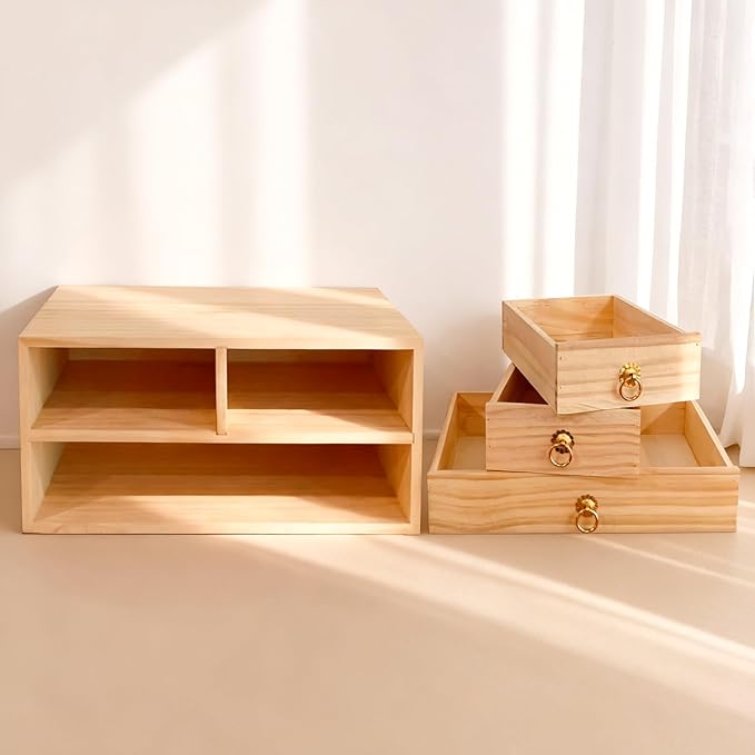 2 Layer Desk Organizer Wooden Desktop Organizer Tabletop Storage Organization Box Natural Wood Counter Drawer with Metal Handle 3 Drawer for Desk Accessories Home Office Counter Craft Decor