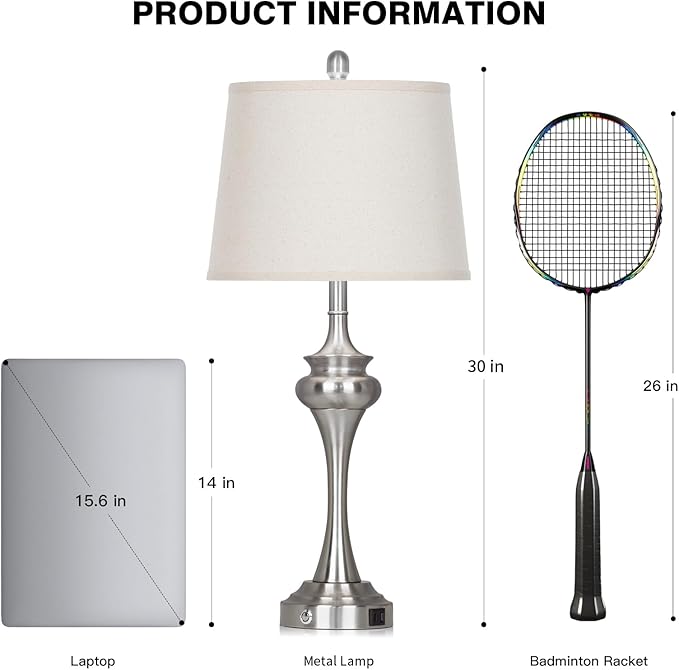 Rinweey 30" Silver Table Lamps Set of 2, 3 Way Touch Control Living Room Lamp with USB A+C Ports, Modern Brushed Nickel Bedroom Lamps, Tall Metal Bedside Lamp for Nightstand Desk Side Table Office
