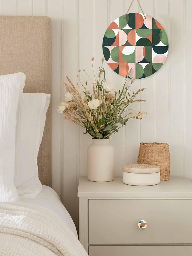 Welcome Sign for Front Door Mid Century Geometric Wood Door Hanger for Outdoor Outside Porch,12 Inch Round Wooden Wreath Indoor Wall Hanging Decoration, Abstract Modern Green Orange
