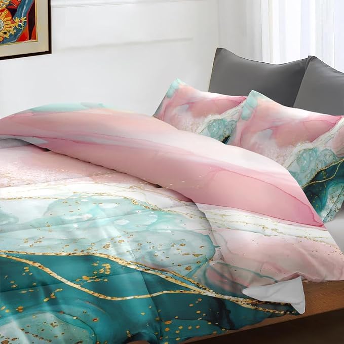 Comforter Set with 2 Pillowcases King Size, Pink Teal Gold Marble, Bed Decor Turquoise Rose Dye Abstract for Kids and Adults, Soft Cozy Bedroom Bedding Set