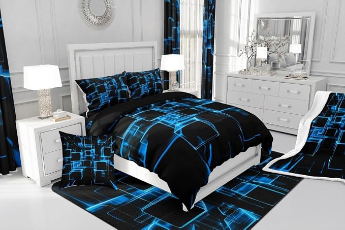 Erosebridal Blue and Black Kids Comforter Set, Modern Geometric Square Bedding for Boys Girls Gradient Neon Light Honeycomb Duvet Insert Abstract Bed Set King 3 Pieces