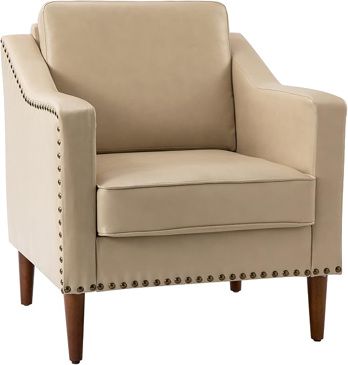 HULALA HOME Faux Leather Accent Armchair with Back & Seat Cushions, Traditional Club Chair with Nailhead Trim, Comfy Upholstered Sofa Chair for Living Room Bedroom, Beige
