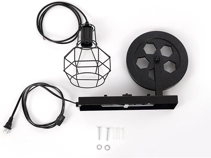 Plug in Wall Sconce Rustic Wall Light Lift Pulley Matte Iron Cage Shade Metal Black Industrial Mid Century Wall Lamp Indoor Lighting Barn Restaurant