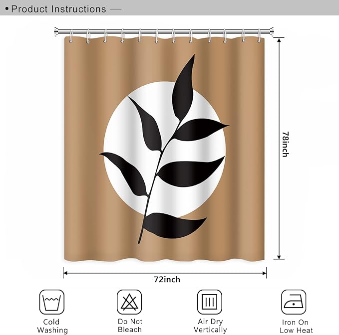 Abstract Bohemian Bathroom Shower Curtain - White Circle Eucalyptus Leaves Boho Tan With Hooks, Waterproof Polyester for Modern Aesthetics Home Decor, 72x78 Inch