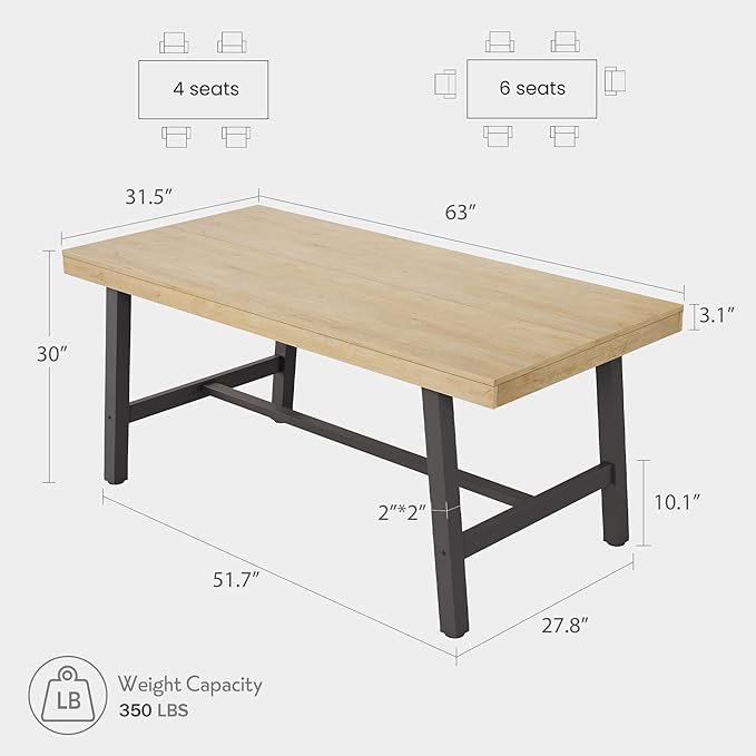 GarveeHome Industrial Dining Table for 4-6 People, 63" Long Wooden Kitchen Table with Sturdy Metal Frame & Natural Wood Finish - Seats 4 Rectangular Counter for Dinner, Kitchen, Dining Room - Natural