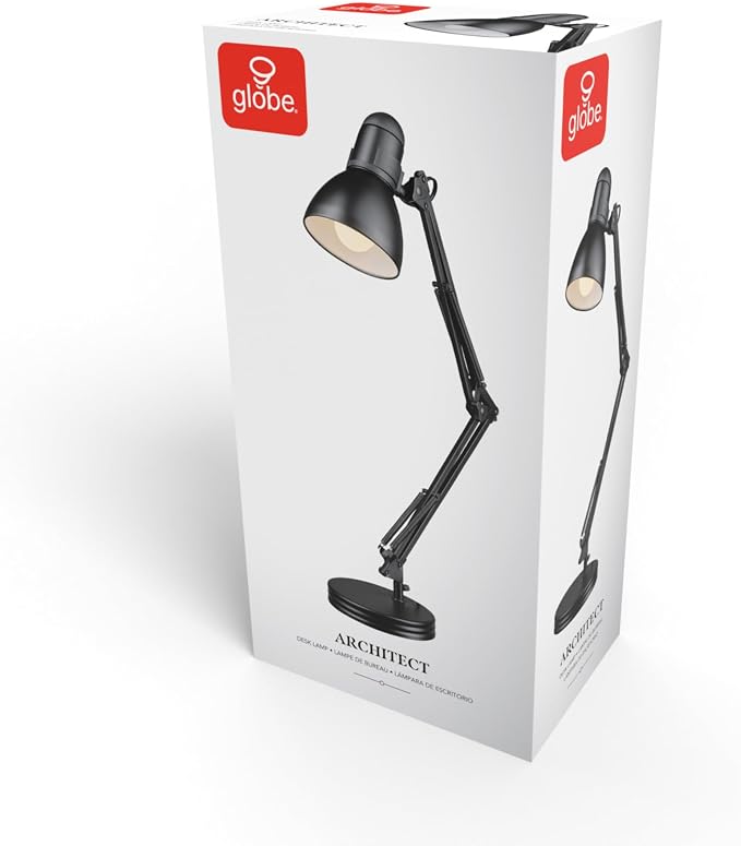 Globe Electric 5698601 28" Heavy Base Top Moving Spring Balanced Swing Arm Desk Lamp, Black, On/Off Rotary Switch on Shade, Office Decor, Reading Light, Home Essentials, Room Lighting