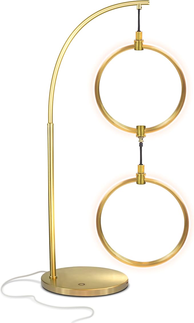 Brightech Nova Modern Table Lamp - Contemporary Arc Desk Lamp with 2-Circle Ring-Style Pendant - Alexa Compatible Nightstand Beside The Couch Lamp with Arching Pole Matches Living Room Décor - Brass