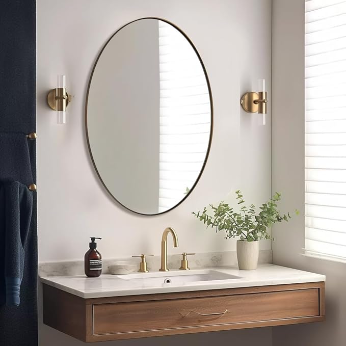 ANDY STAR Brushed Bronze Oval Mirrors for Bathroom, 24x36 Inch Bronze Stainless Steel Metal Framed Oval Wall Mirror, Modern Vanity Mirror Wall Mount Horizontal or Vertical
