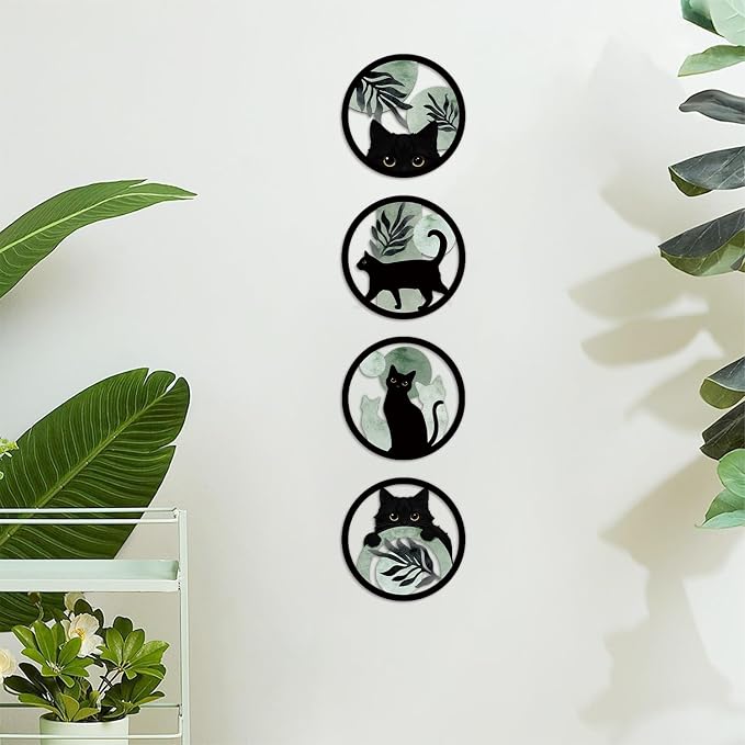 TOARTi 4PCS Boho Black Cat Wooden Wall Art,Sage Green Cats Round Wall Decor,Bohemian Green Plant Hanging Art,Minimalist Botanical Kitty Artwork for Farmhouse Bedroom Living Room Black Cats Room Decor