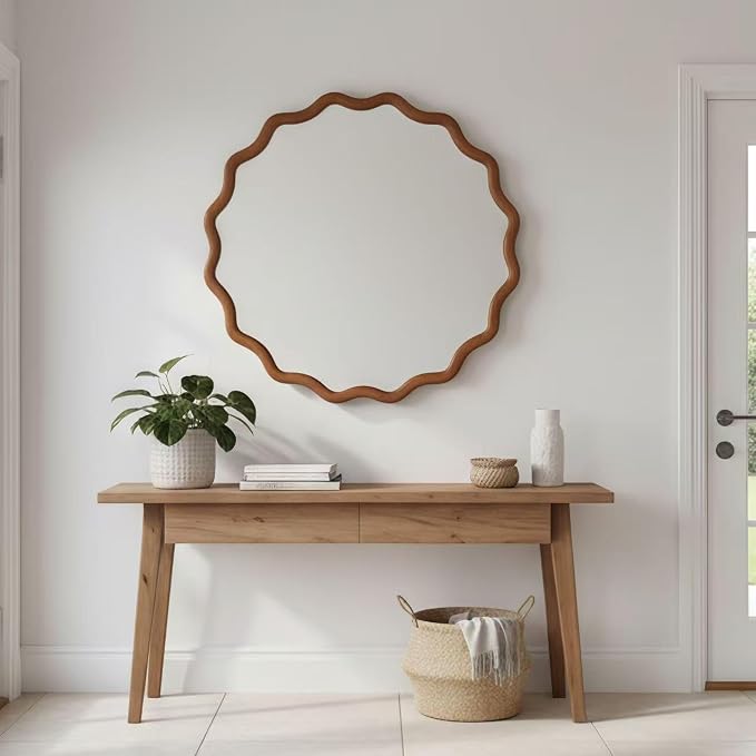24" Wavy Round Solid Wood Frame Decorative Mirror, for Bedroom, Bathroom, Living Room, Entryway, HU26052223 (Brown)