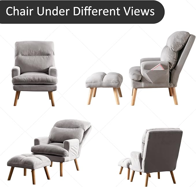 INZOY Accent Chairs with Ottoman, Velvet Fabric Armchair with Ottoman for Bedroom Living Room, Mid Century Modern Chair with Adjustable Backrest and Side Pockets, Grey