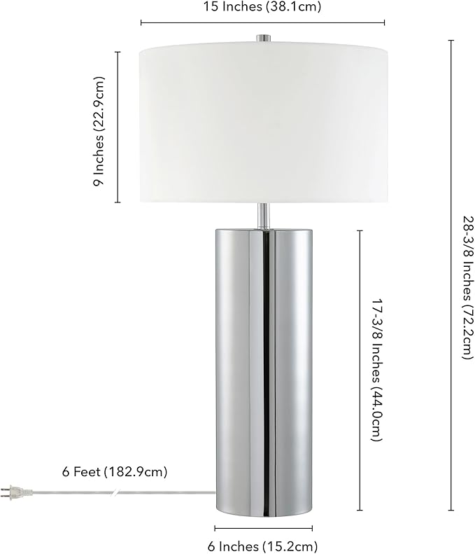 Henn&Hart 29.5" Mid-Century Modern 1-Light Table Lamp with White Fabric Drum Shade for Living Room, Bedroom, or Office, Polished Silver
