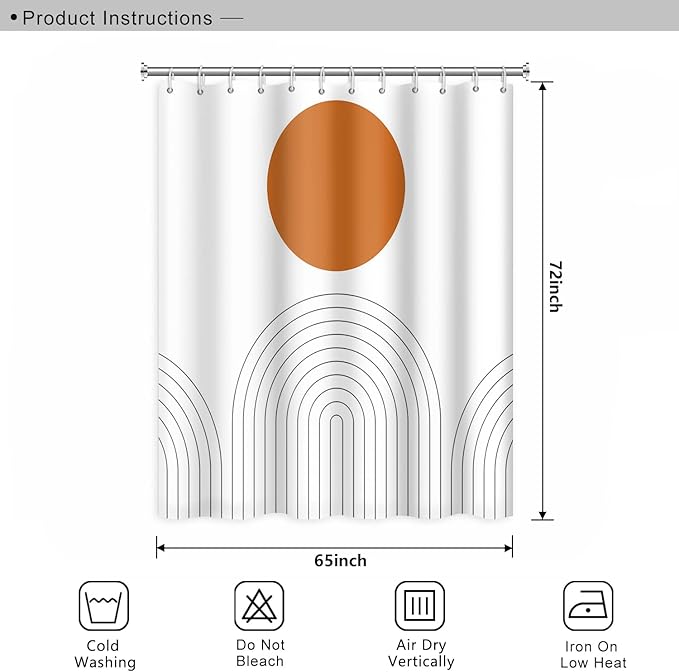 Abstract Mid Century Bohemian Bathroom Shower Curtain Orange Sun Lines Arch with Hooks Waterproof Fabric Polyester, 65x72 Inch