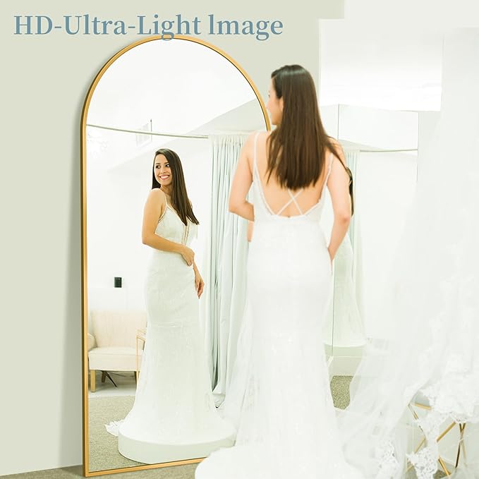 Full Length Mirror with Stand, 76"x34" Arched Full Body Mirror, Large Stand Up Mirrors, Aluminum Frame Floor Standing Mirrors, Freestanding Hanging Leaning Mounted for Bedroom Living Room, Gold