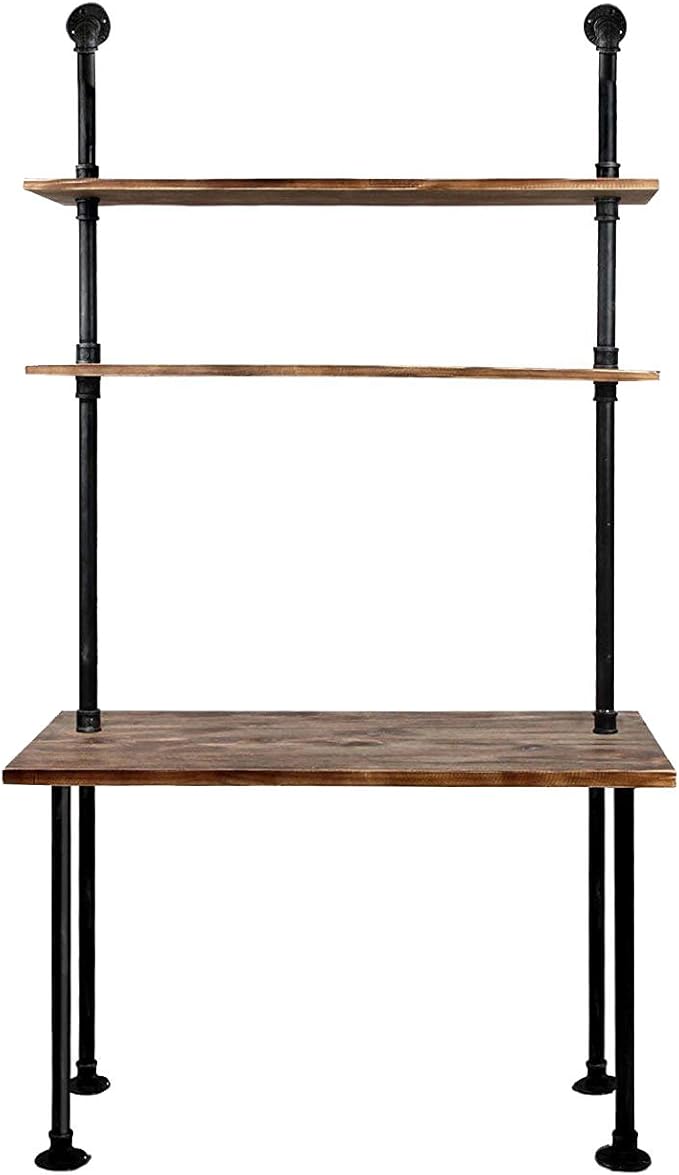 LOKKHAN 79-inch Industrial Laptop Desk Solid Wood Computer Desk Wall Pipe Desk with Shelves Computer Table for Home Office (L:40 inch)