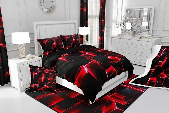 Erosebridal Red and Black Geometric Comforter Set Twin Size Modern 3D Stereoscopic Square Bedding Sets, Gradient Neon Honeycomb Duvet Set 2 Pieces Soft Microfiber Quilt for All Season