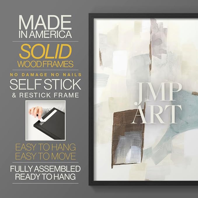 Renditions Gallery Set of 2 Peel & Stick Framed Prints, Abstract Wall Art, Minimalist Color Block Brush Strokes Wall Decor, Re-Stickable - Ready to Hang - 8"x10" - Black Frame LT588