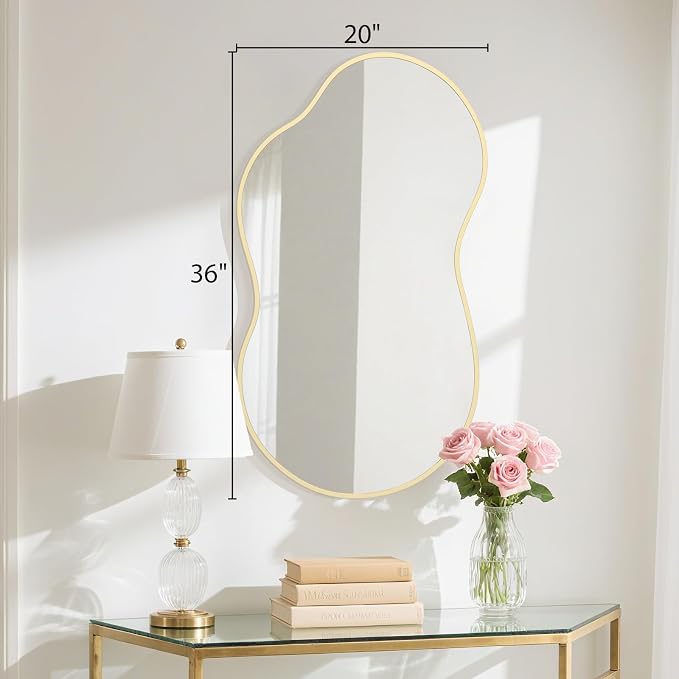 HOMECOOKIN 36" H x 20" W Irregular Wall Mirror, Asymmetrical Decorative Mirror with Gold Aluminum Frame, Wavy Abstract Gold Mirror, for Living Room, Bedroom, Bathroom, Entryway, Cloakroom