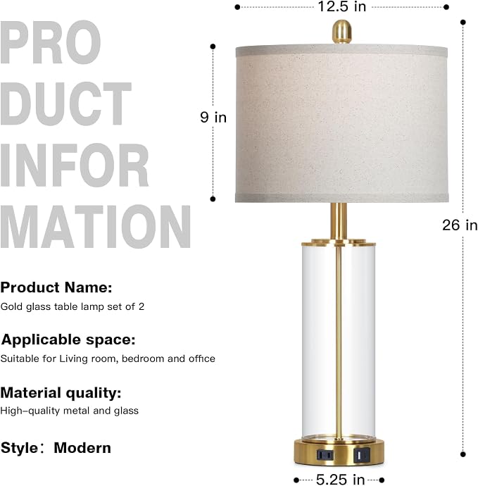 26" Gold Glass Table Lamps Set of 2, 3-Way Dimmable Touch Control Living Room Lamp with USB C+A Ports & AC Outlet, Modern Bedside Lamps, Elegant Bedroom Lamps for Nightstand Side End Table Desk