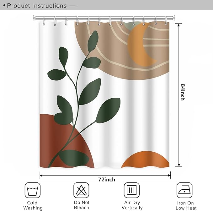 Abstract Boho Shower Curtain for Bathroom Moon Eucalyptus Leaves Waterproof Polyester Shower Curtains Modern Minimalist Artistic Aesthetic Shower Curtain with Hooks Decorative, 72x84 Inch