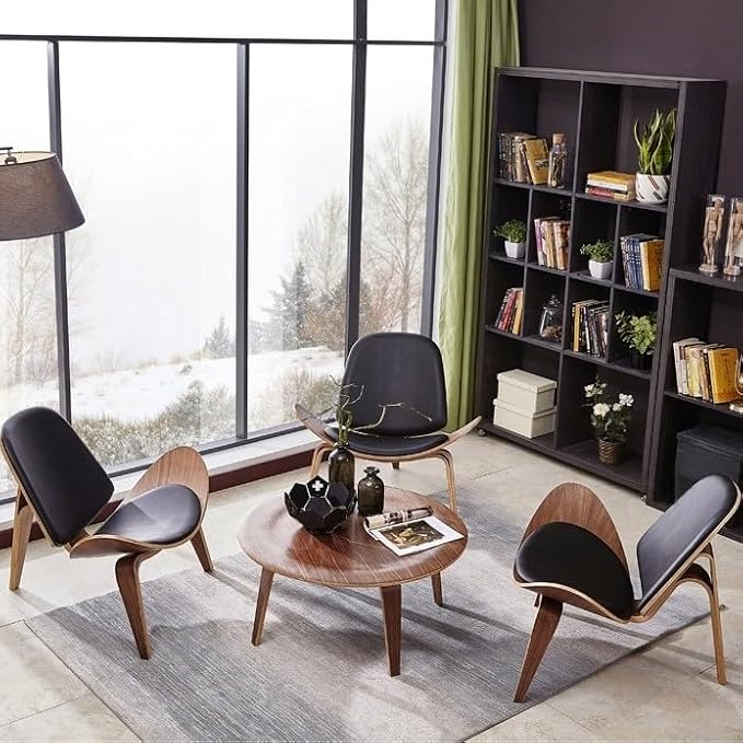 Mid Century Modern Shell Lounge Chair, PU Leather, Tripod Plywood Classic Design Solid Wood Accent Chairs for Living Room, Reading, Lounge, Office, Salon