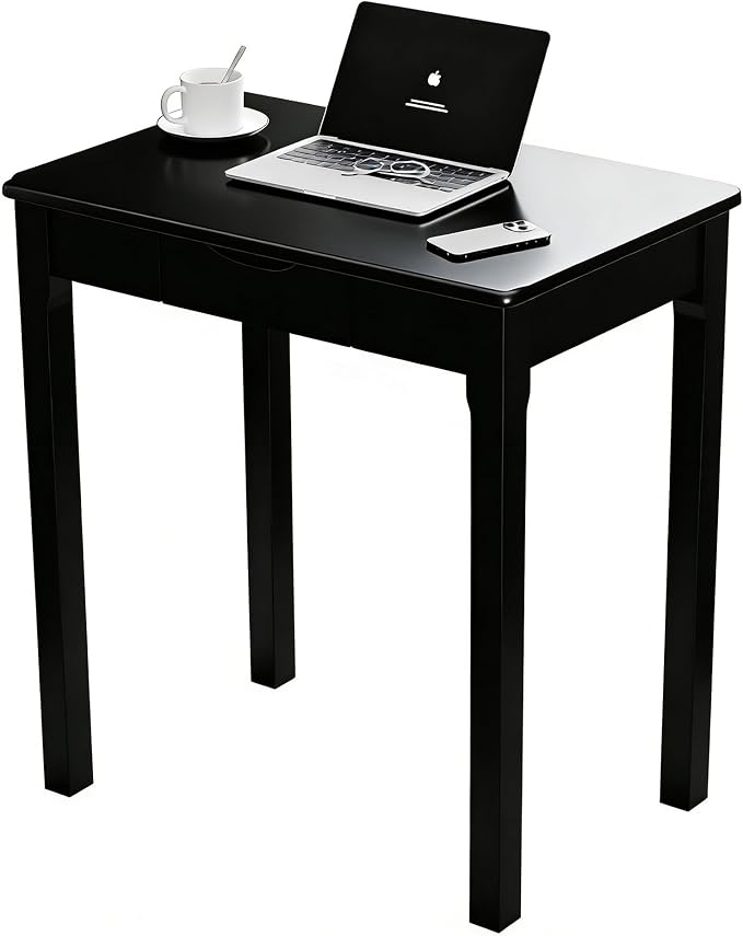 Solid Wooden Desk with Drawers - 24 x 16 Inch Narrow Desks for Small Spaces, Rubberwood Simple Study Table, Small Writing Desk for Bedroom - Modern Black Desks