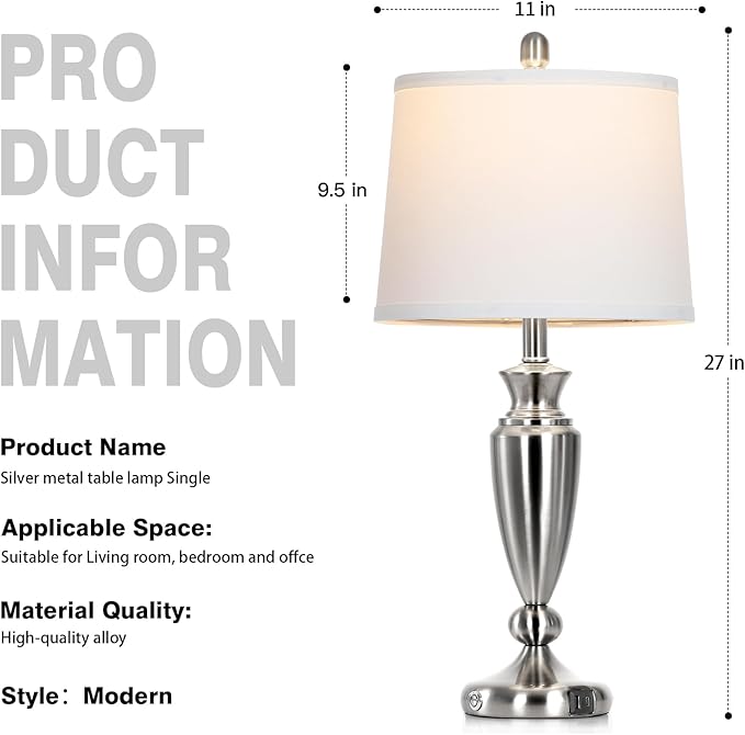 Rinweey 27" Silver Table Lamps for Living Room Single, 3 Way Touch Control Bedside Lamps with USB A+C Ports, Modern Brushed Nickel Bedroom Lamp, Metal Tall Lamp for Nightstand Desk Side Table Office