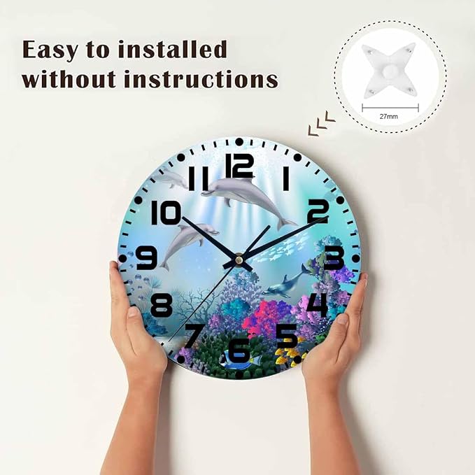 Underwater World Wall Clock 10 inch Round Silent Non Ticking Wood Wall Clocks Battery Operated Easy to Read Decorative Wall Clock for Bedroom Kitchen Living Room Bathroom